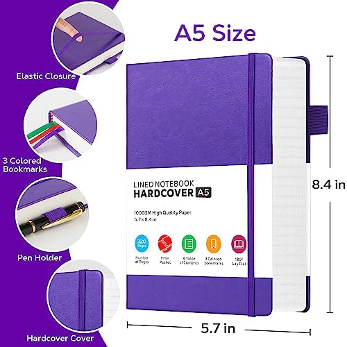 FOCUS DAY Lined Journal Notebook, 320 Pages Leather Hardcover Thick A5 College Ruled Thick Classic with Pen Loop, for Writing Women Men Office Work, 5.7'' X 8.4'', Pearlescent Purple - Image 2