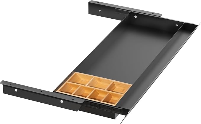 Large Under Desk Mounted Sliding Drawer with Bamboo Tray and 60 Degree Tilt Panel to Pull Out, 30'' Long & 13'' deep Large Storage Organizer for Sit Stand Workstation by GAXOMO