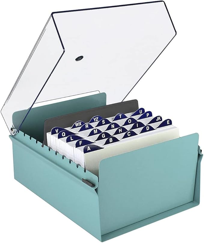 Acrimet 6 x 9 Card File Holder Organizer Box Metal Base Heavy Duty (AZ Index Cards and Divider Included) (Green Color with Crystal Plastic Lid Cover) by Organizingyourlife