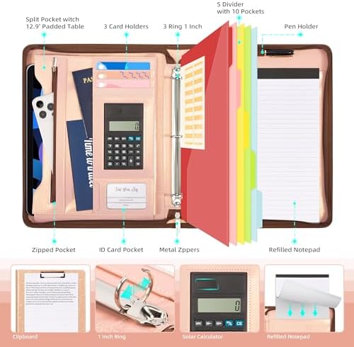 Ospelelf Clipboard with Storage, 3 Ring Binder with Zipper, Leather Padfolio Portfolio Folder, Calculator, 12.1” Tablet Sleeve, 5 Dividers with Pocket|Refillable Notepad, Card Slot (Rose Gold) - Image 3