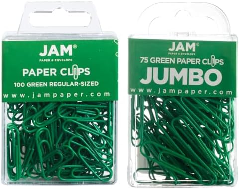 JAM PAPER Combo Pack Colorful Paper Clips - Standard & Jumbo - Green Paperclips - 1 Pack of 100 & 1 Pack of 75 by JAMPaper