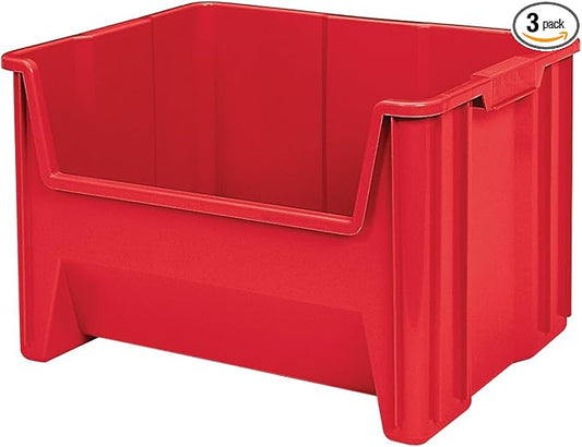 Akro-Mils 13017 Stak-N-Store Heavy Duty Stackable Open Front Plastic Storage Container Bin, (15" x 20" x 12-1/2"), Red, (3-Pack) by Akro-Mils
