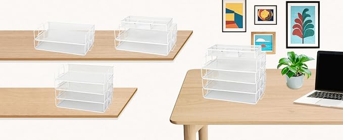 EXERZ Stackable Letter Trays 2 Pack with Memo Holder Desk Organiser White | Two Tier A4 File Storage With Divided Accessory Sections For Notes Pens Clips And Everyday Desk Essentials - Image 9