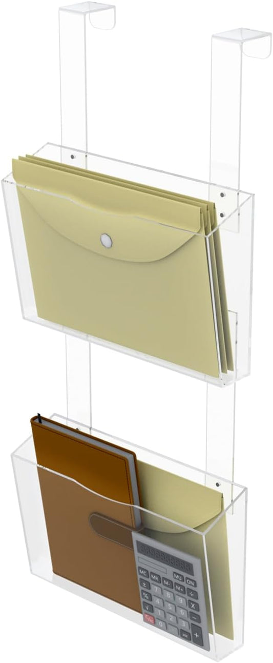 2 Tier Clear Acrylic Wall Hanging File Organizer Over the Door File Holder | 3mm Thickened Acrylic File Folder with Hooks, Book Mail Paper Document Storage Organization 2 Pockets for Office School Home by ELEpure