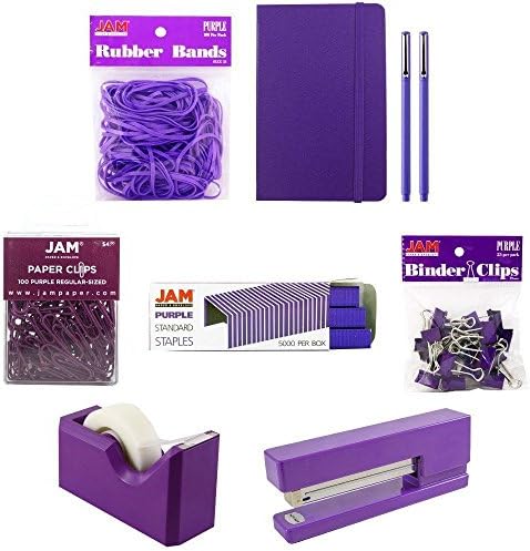 JAM PAPER Complete Desk Kit - Purple - Stapler, Tape Dispenser, Staples, Journal, Le Pens, Rubber Bands, Paper Clips & Binder Clips - 8/Pack by JAMPaper
