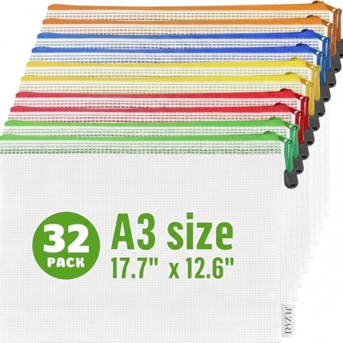 32 Pack Mesh Zipper Pouch Bags A3-17.7x12.6 - Plastic Zipper Pouches for Organizing - Board Game Bags - Puzzle Organizer Bag - Large Zippered Pouch Bag - Mesh Pouches with Zippered - Puzzle Storage by Juzari