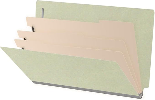 Ecom Folders End Tab Pressboard Classification Folders | Legal Size 25 Pt Type III Stock with 3 Dividers & 3" Tyvek Expansion | 2 Fasteners Pos 1 & 3 for Medical & Office Docs | Light Green, Box of 10 by Ecom+Folders
