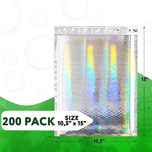 Metallic Bubble Mailers, Hologram Glossy Padded Envelopes 10.5 x 15 Inches, Cushion Bubble Shipping Bags, Self Seal Mailing Envelopes, Pack of 200 - Image 2