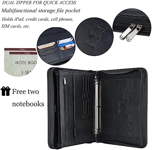 Zippered Padfolio Binder, Faux Leather Organizer with 3-Ring Binder, Left-Handed Design, Business Card Slots & Document Folders - Professional Padfolio for Office (Black) - Image 3