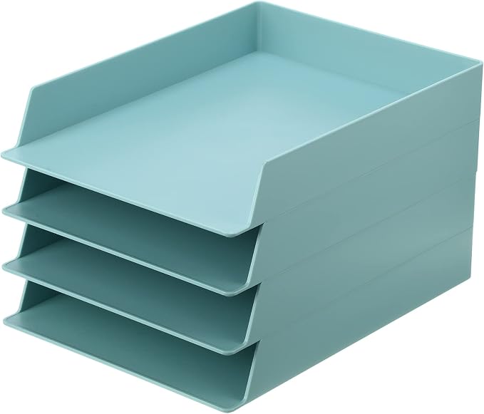 Tatuo 4 Pack Stackable Paper Trays Plastic Letter Tray Desk Organizer Paper Holder Organizer Storage Office Desk Accessories for Classroom Magazine File Documents 12.8 x 9.45 x 1.97, Blue Green by Tatuo