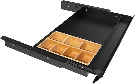 Large Under Desk Mounted Sliding Drawer with Bamboo Tray and 60 Degree Tilt Panel to Pull Out, 22'' Long & 13'' deep Large Storage Organizer for Sit Stand Workstation by GAXOMO