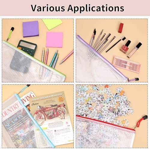 EOOUT 72pcs Mesh Zipper Pouch, A4 Size, 12 Colors Zipper Bags for Organizing Storage, Waterproof Puzzle Bag, Zipper File Bags for Board Games and School Office Supplies - Image 7