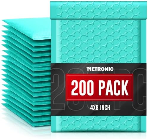 METRONIC Small Bubble Mailers 4x8 200 Pack Teal Padded Envelopes Waterproof by METRONIC