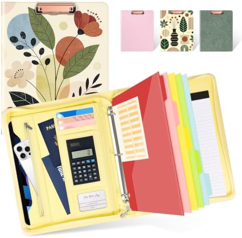 Ospelelf Vintage Leather Portfolio Binder 3 Ring, Zippered Clipboard Folder with Storage - 5 Dividers with Pocket, Padfolio for Women,12.1” Tablet Sleeve, Refillable Notepad, Card Slot by OspelelfOfficeSupplies