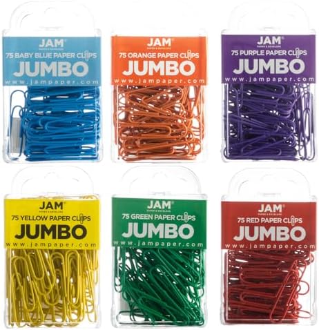 JAM PAPER Colorful Jumbo Paper Clips - Large 2 Inch Paperclips - Rainbow Assortment - 6 Packs of 75 by JAMPaper
