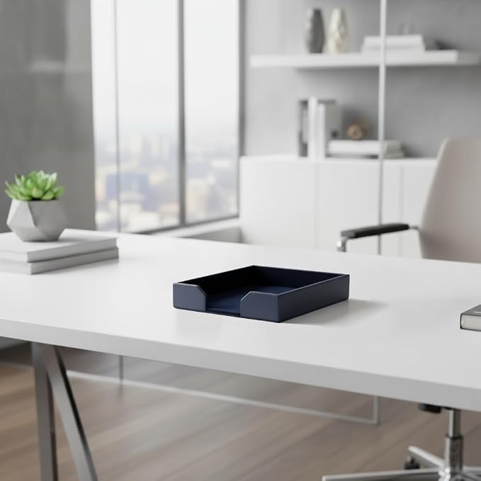 Dacasso Navy Blue Bonded Leather Luxury Letter Tray Holder & Paper Organizer for Desk - Executive Desk Decor & Office Organization Essential - Image 4