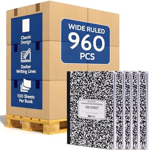 960 Pack (Pallet) EPI Wide Ruled Composition Notebook Bulk, 200 pages (100 Sheets), 9-3/4 x 7-1/2, Black Marble, Bulk School Supplies, Heavy Duty, Durable Office Notebooks, Sturdy Sewn Binding by EPI