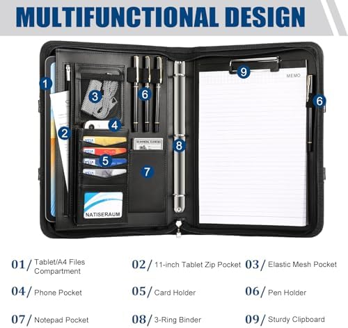 Portfolio Binder 3 Ring Includes Pen and 5 Dividers with 10 Pockets, Padfolio Organizer with Zipper for Men and Women, Includes A4 Notepad for Business, School, Work - Image 4
