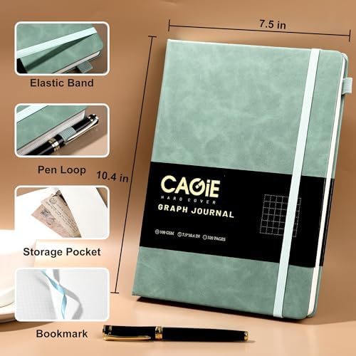 CAGIE Graph Notebook 320 Pages 100 GSM Paper Graphing Grid Journal B5 Hardcover Leather Quad Ruled Notebooks for Engineering, Math, Work, Green - Image 5