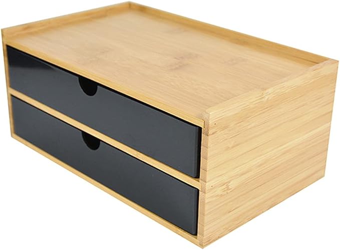 WAYUTO 2-Tier Bamboo Desktop Organizer Simple Wooden Tabletop Storage Organization Box Multi-Scene Drawer Units for Home Bathroom Office Black 2-Drawer by WAYUTO