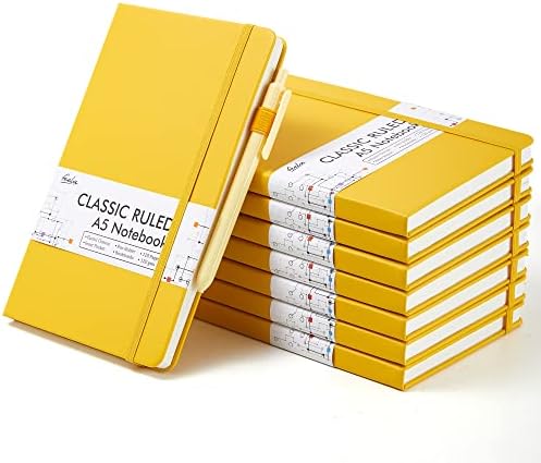 feela 8 Pack Journal Notebook Bulk for School, Hardcover Business Notebooks Classic Ruled Lined Journals with Pen Holder for Work Note Taking, with 8 Black Pens, 120 GSM, 5.1”x8.3”, A5, Yellow by feela