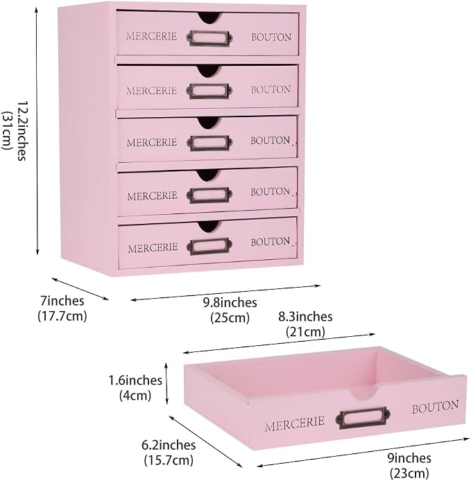 Small Wooden Drawers Wooden Box with Drawer, Pink 5 Wood Drawer | Countertop Storage Box for Apothecary Cabinet, Apothecary Drawers，Desktop Organizer for Office，Home - Image 3