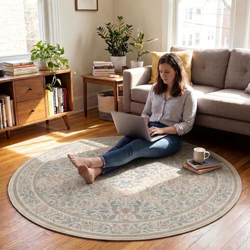 5FT Round Office Chair Mat for Hardwood Floor, Non-Slip Washable Beige Pink - Image 3