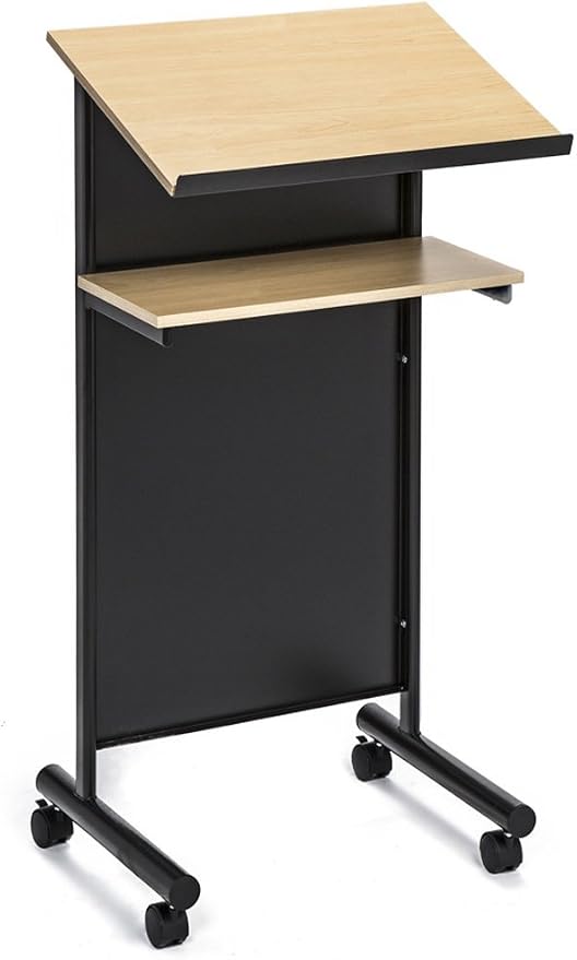 Wheeled Lectern - Standing Desk with Storage Shelf - Beech/Black - Ideal for Presentations and Laptop Use by Audio-VisualDirect
