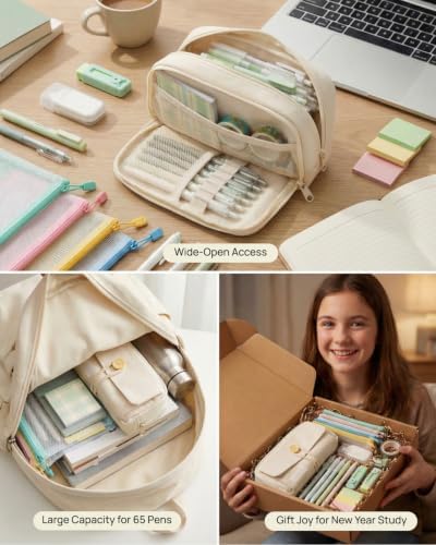 42pcs Cute Pencil Case, Large Capacity Study Pouch Bag with 4-Compartments, Portable Soft Canvas Easy Carry for Library and Office Supplies Kit, Elegant Aesthetic Study for Women (beige) - Image 4