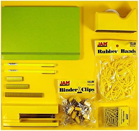JAM PAPER Complete Desk Kit - Yellow - Stapler, Tape Dispenser, Staples, Journal, Le Pens, Rubber Bands, Paper Clips & Binder Clips - 8/Pack - Image 3