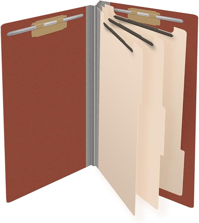 Ecom Folders End Tab Pressboard Classification Folders | Legal Size 25 Pt Type III Stock with 3 Dividers & 3" Tyvek Expansion | 2 Fasteners Pos 1 & 3 for Medical & Office Docs | Brick Red, Box of 10 - Image 4