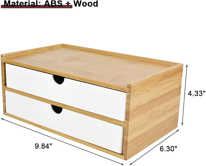 WAYUTO 2-Tier Bamboo Desktop Organizer Simple Wooden Tabletop Storage Organization Box Multi-Scene Drawer Units for Home Bathroom Office White 2-Drawer - Image 3