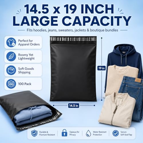 Fuxury Large Poly Mailers 14.5x19" 200Pcs,Shipping Bags for Clothing,Black - Image 2