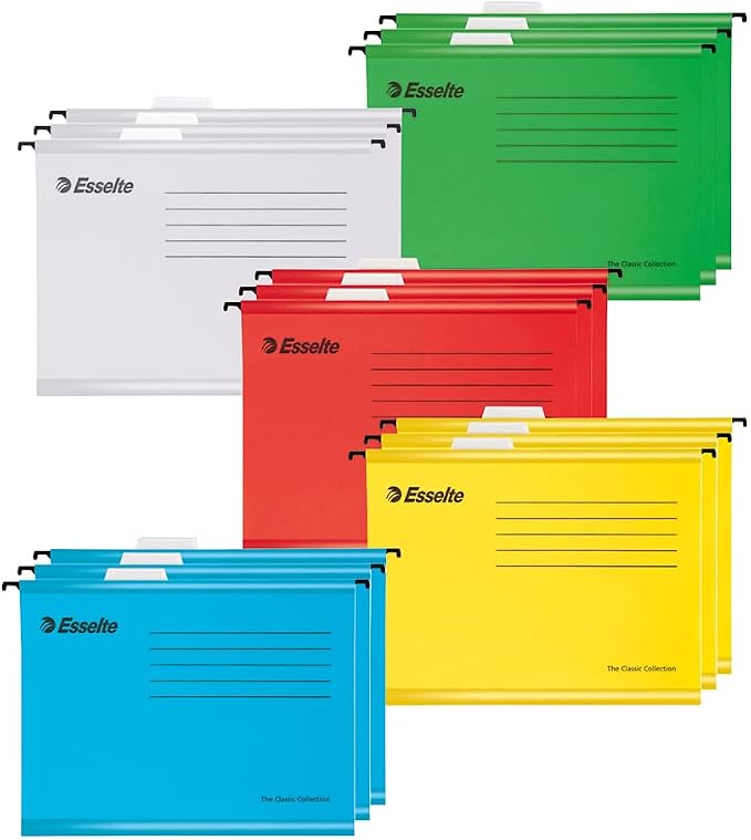 Esselte A4 Reinforced Filing Cabinet Suspension File, Pack 15 Made from Strong 100% Recycled Card, with Tabs and Card Inserts, for Home, Office, School Organisation, Assorted Colours by Unknown