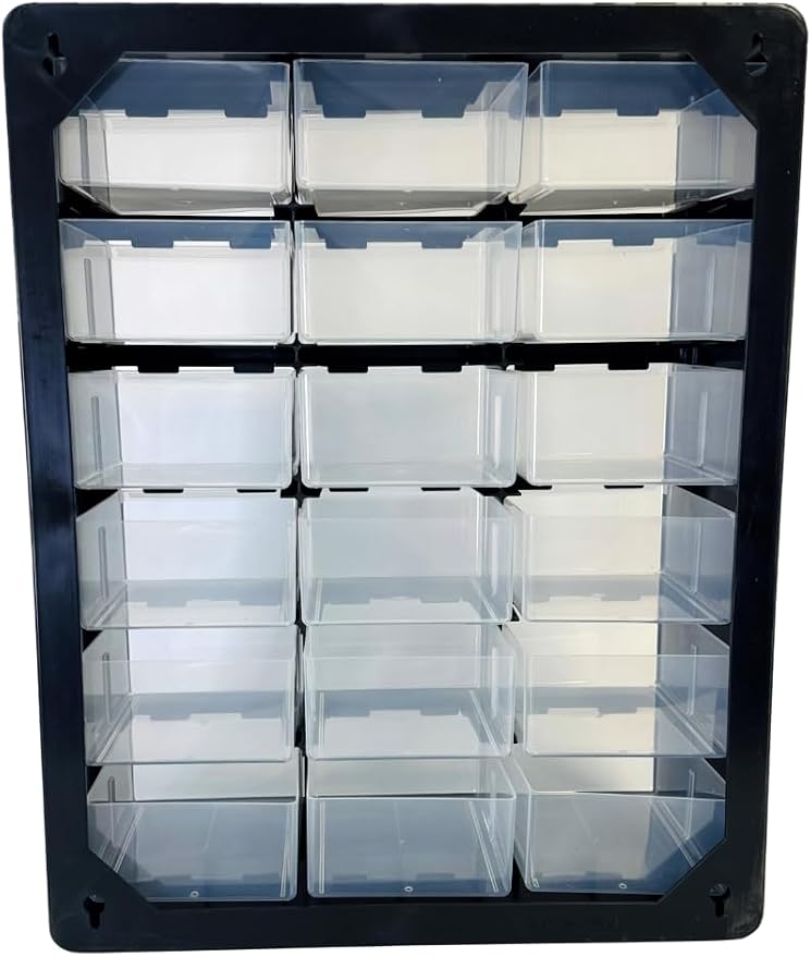 Homak 18-Drawer Parts Organizer, Black, Wall Mountable, Clear Plastic Drawers, HA01018001 - Image 4