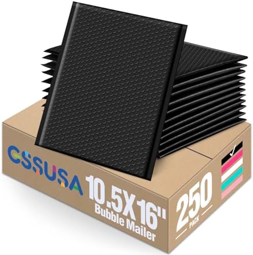 GSSUSA Black Bubble Mailers 10.5x16" 250 Pack Padded Envelopes Self Seal by GSSUSA