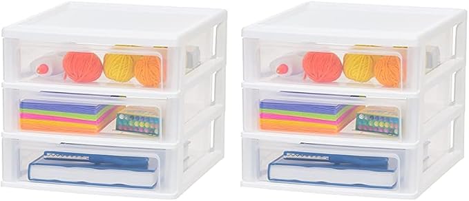 IRIS USA Plastic Stacking Desk Top 3-Drawer Storage Organizer, 2-Pack, for Makep Vanity Nail Polish Bathroom Stationery Art Craft Supplies Kitchen Office Garage and Small Organization, Medium, White by Unknown