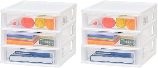 IRIS USA Plastic Stacking Desk Top 3-Drawer Storage Organizer, 2-Pack, for Makep Vanity Nail Polish Bathroom Stationery Art Craft Supplies Kitchen Office Garage and Small Organization, Medium, White by Unknown