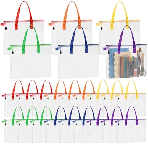 Reginary 24 Pcs Mesh Zipper Pouch File Bags with Handle Bulk A4 11 x 13.8 Inch Zipper Mesh Document Pouch Artwork Storage Organize for Office School Supplies Paintings Puzzle Travel Storage(Colorful) by Reginary