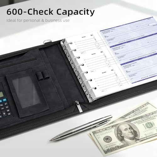 Ospelelf Black Zippered 7 Ring Check Binder for Business Checks (9" x 13"), 1 Inch Faux Leather Checkbook Portfolio with Zipper Pouch, Professional Binder Organizer for Accountants, Home Use - Image 5