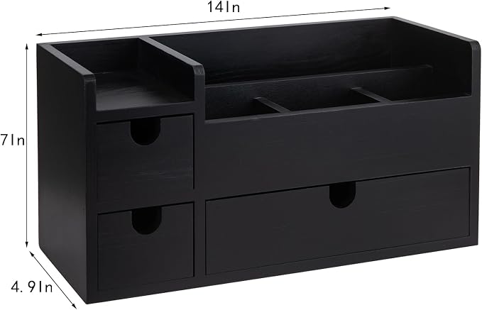 Vintage Black Wooden Desktop Organizer Removable Drawers Office Supplies Wood Storage Cabinet Caddy Box Stationery Pencil Slots Mail Holder Note Pads Accessories Home Makeup Tools Cosmetics - Image 3