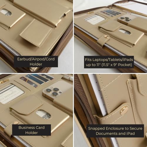BLU MONACO | Brown Vegan Leather Padfolio | Zippered Work Organizer Binder with Gold Trim | Professional Document Case 8.5 x 11 for Women - Image 3