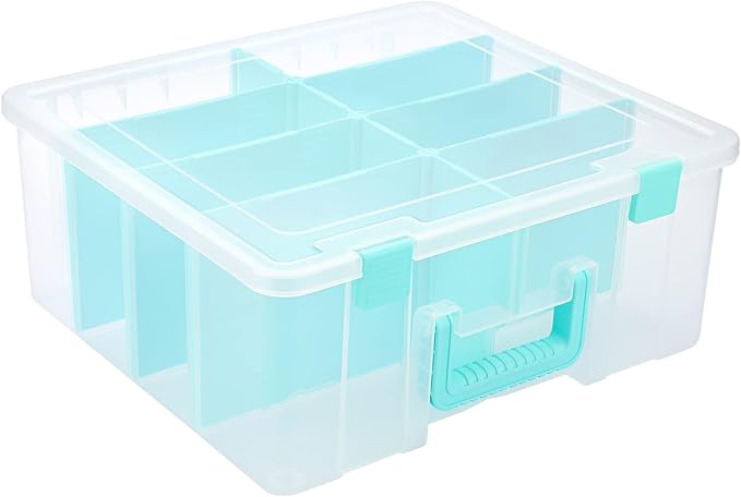 BTSKY Clear Plastic Dividing Storage Box with 8 Deep Compartments Adjustable Storage Bin with Lid Portable Craft Storage Container Multipurpose Sewing Box Art Supply Organizer, 15.1x13.9x6.1 Inches by BTSKY