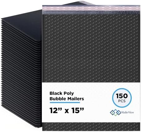 Jet Black Bubble Mailers 12x15, Self Seal Poly Padded Envelopes, 150 Pack by MAILERVIEW