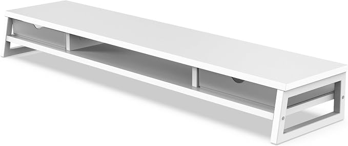 Fenge Dual Monitor Stand Riser, 42.5in Desk Shelf with 2 Drawers, White | 2-Tier Monitor Shelf for Desk, Storage Drawer with Stopper, Frosted, fit Home Office, Ultrawide Screen, PC, Laptop, TV - Image 9