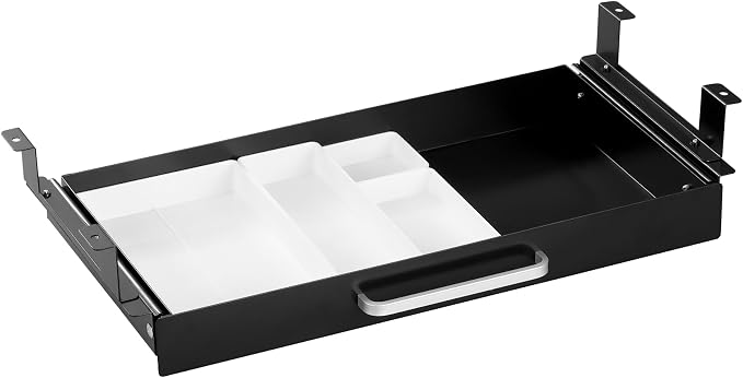 Under Desk Drawer 21" with 4 Divider Trays, Storage Drawer Organizer | Black, Under Counter, Desk Accessory, Attachable for Workbench, Adjustable Brackets, for Desk Lip with Crossbar, Clamp Mount by OSteedWares
