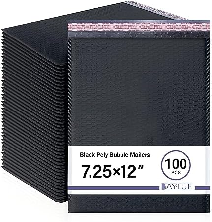 Black Bubble Mailers 7.25x12, Self Seal Poly Padded Envelopes #1, 100 Pack by BAYLUE