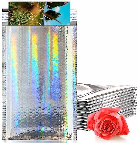 Metallic Bubble Mailers, Hologram Glossy Padded Envelopes 5 x 9 Inches, Cushion Bubble Shipping Bags, Self Seal Mailing Envelopes, Pack of 100 by PUREVACY