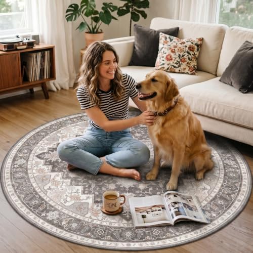 5FT Round Office Chair Mat for Hardwood Floor, Non-Slip Washable Tawny Grey - Image 3