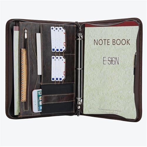 Zippered Padfolio Binder, Faux Leather Organizer with 3-Ring Binder, Left-Handed Design, Business Card Slots & Document Folders - Professional Padfolio for Office (Dark Brown) by IVESIGN